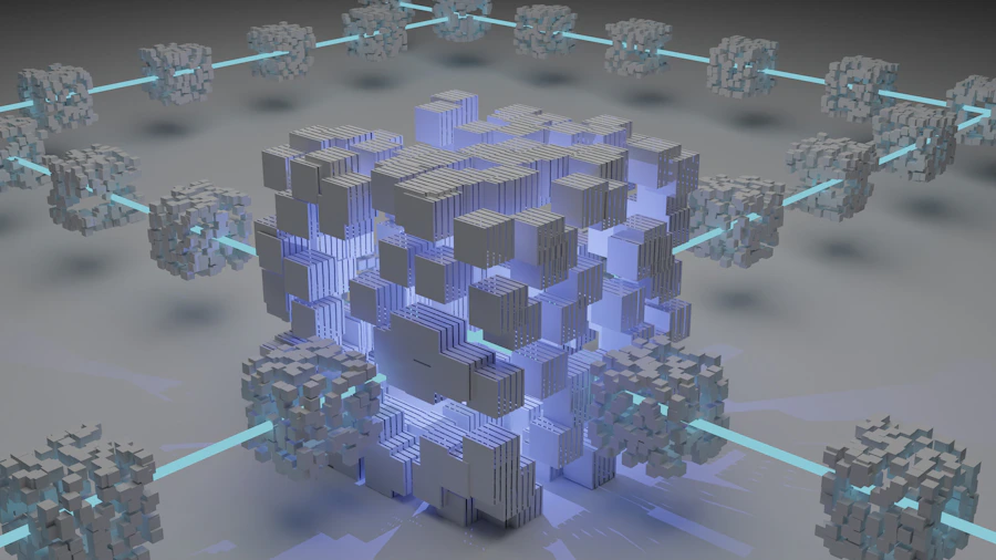 Visualização abstrata em tons violeta e dourados representando topologia de rede monitorada